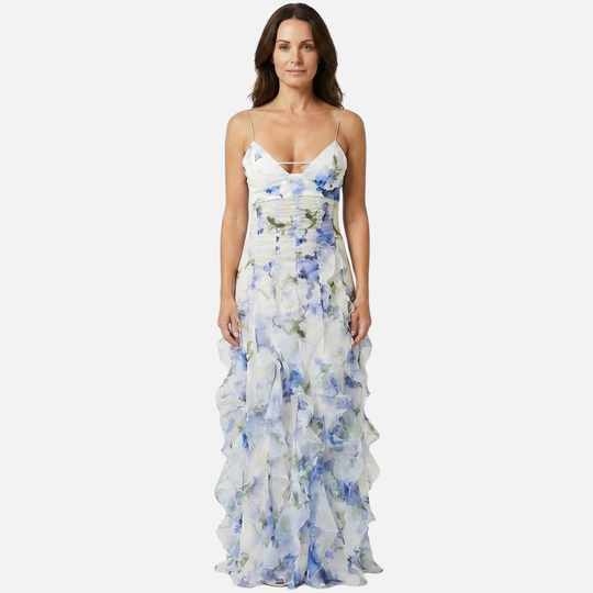 Floral Summer Ruffle Maxi Dress with Fitted Corset Bodice for Women