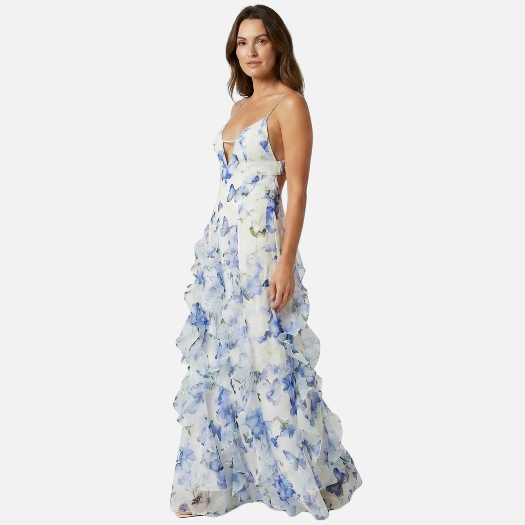 Floral Summer Ruffle Maxi Dress with Fitted Corset Bodice for Women