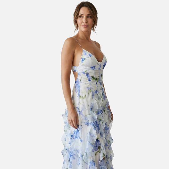 Floral Summer Ruffle Maxi Dress with Fitted Corset Bodice for Women