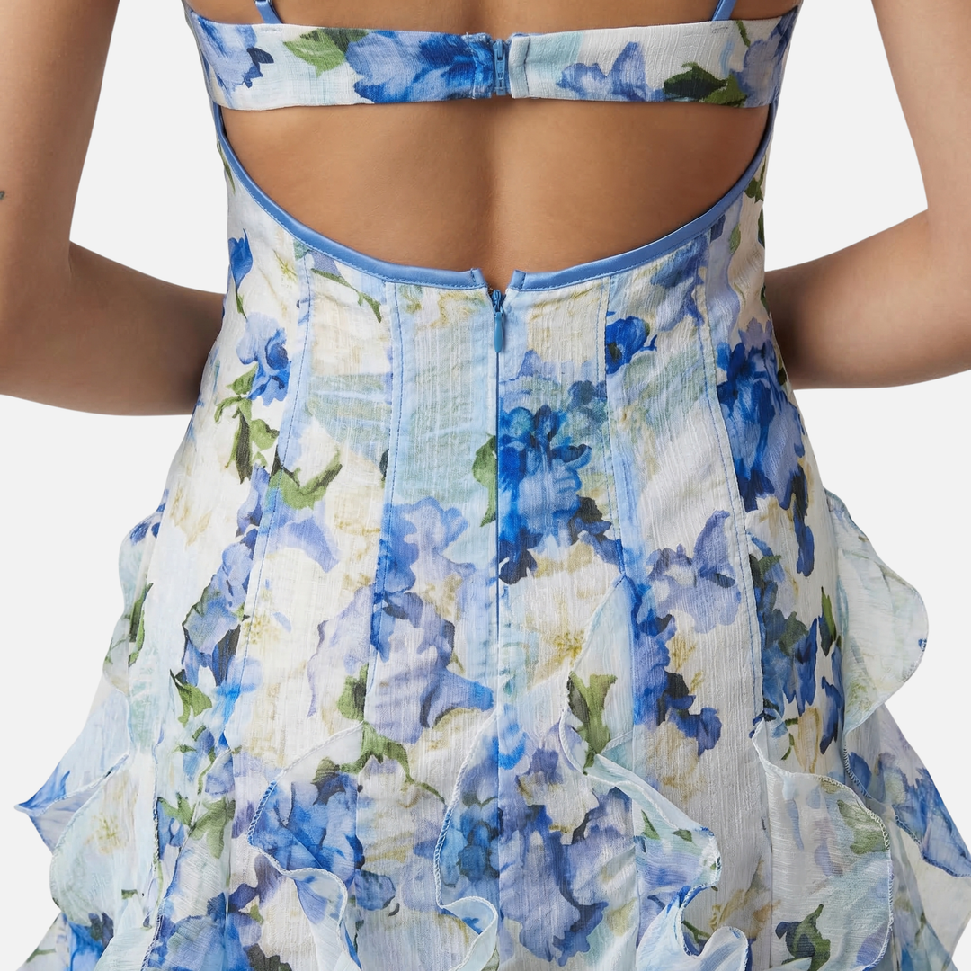 Floral Summer Ruffle Maxi Dress with Fitted Corset Bodice for Women