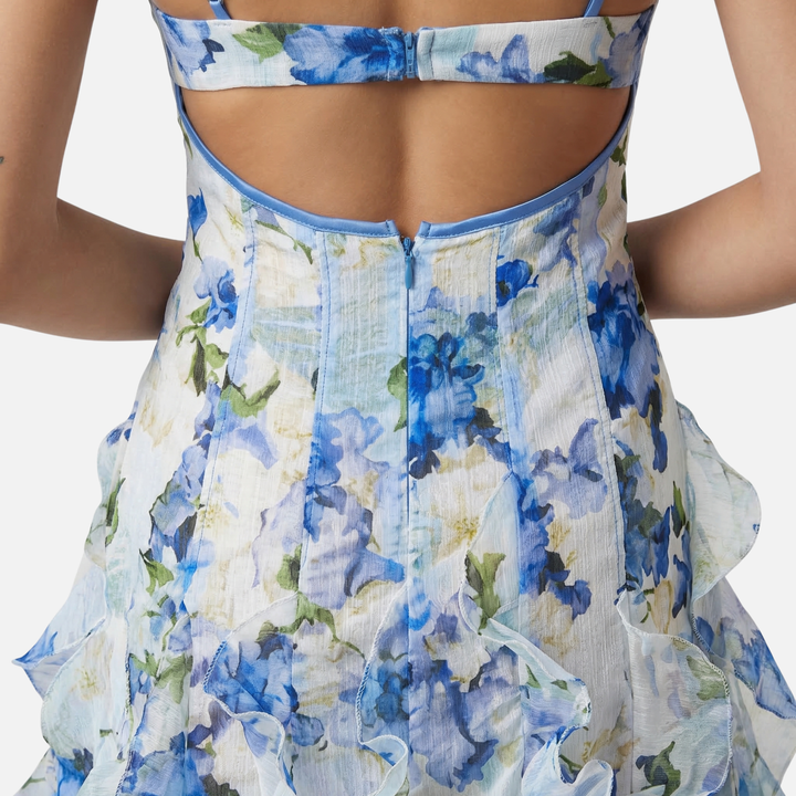 Floral Summer Ruffle Maxi Dress with Fitted Corset Bodice for Women