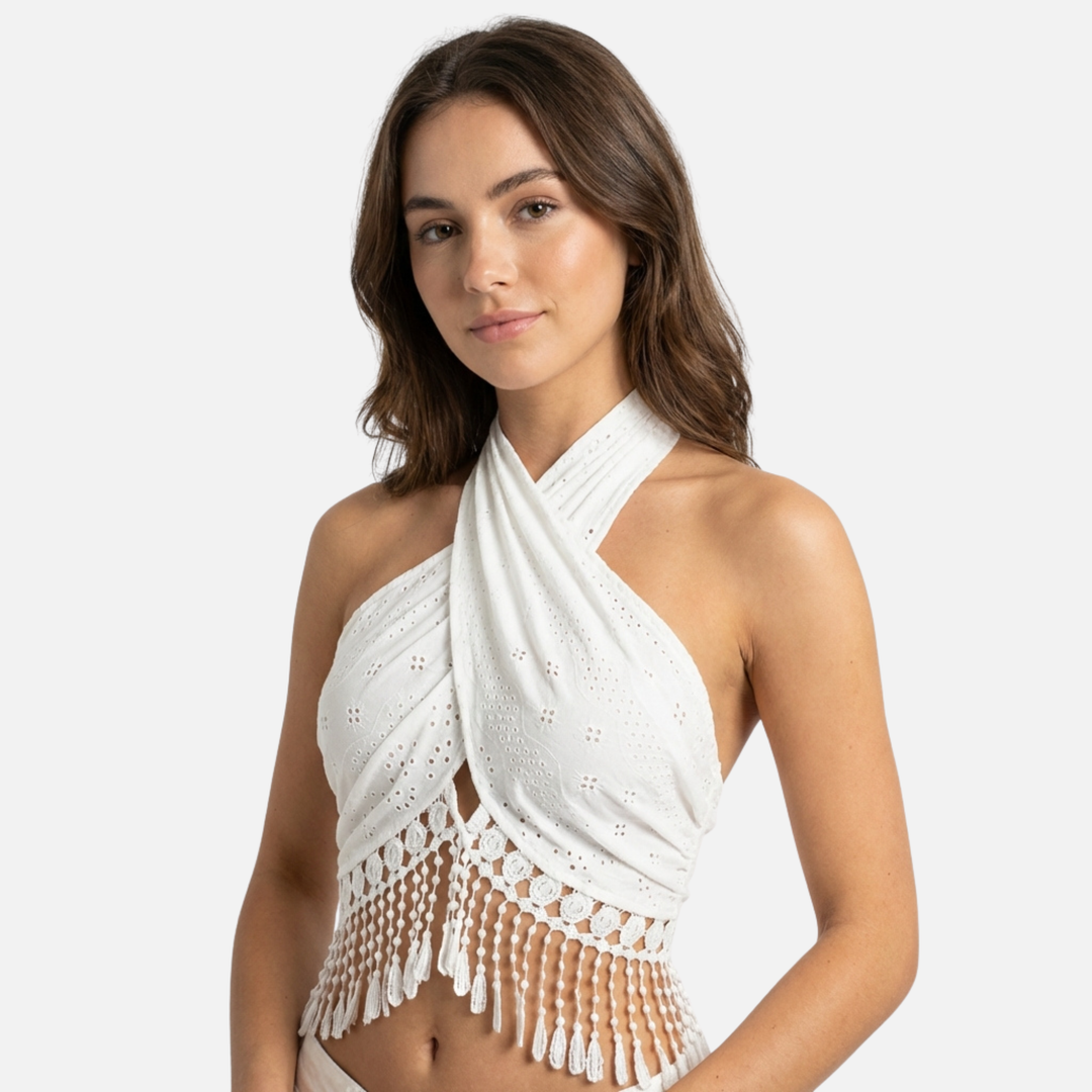 Lace Halter Top with Tassel Trim for Women