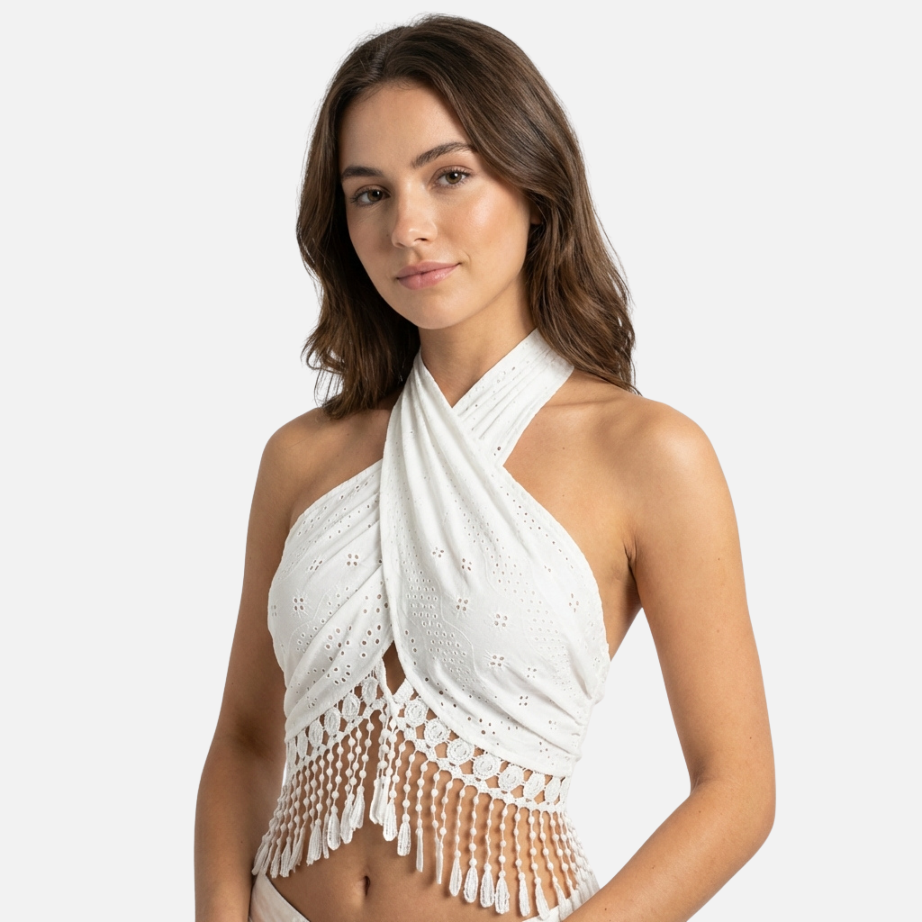 Lace Halter Top with Tassel Trim for Women