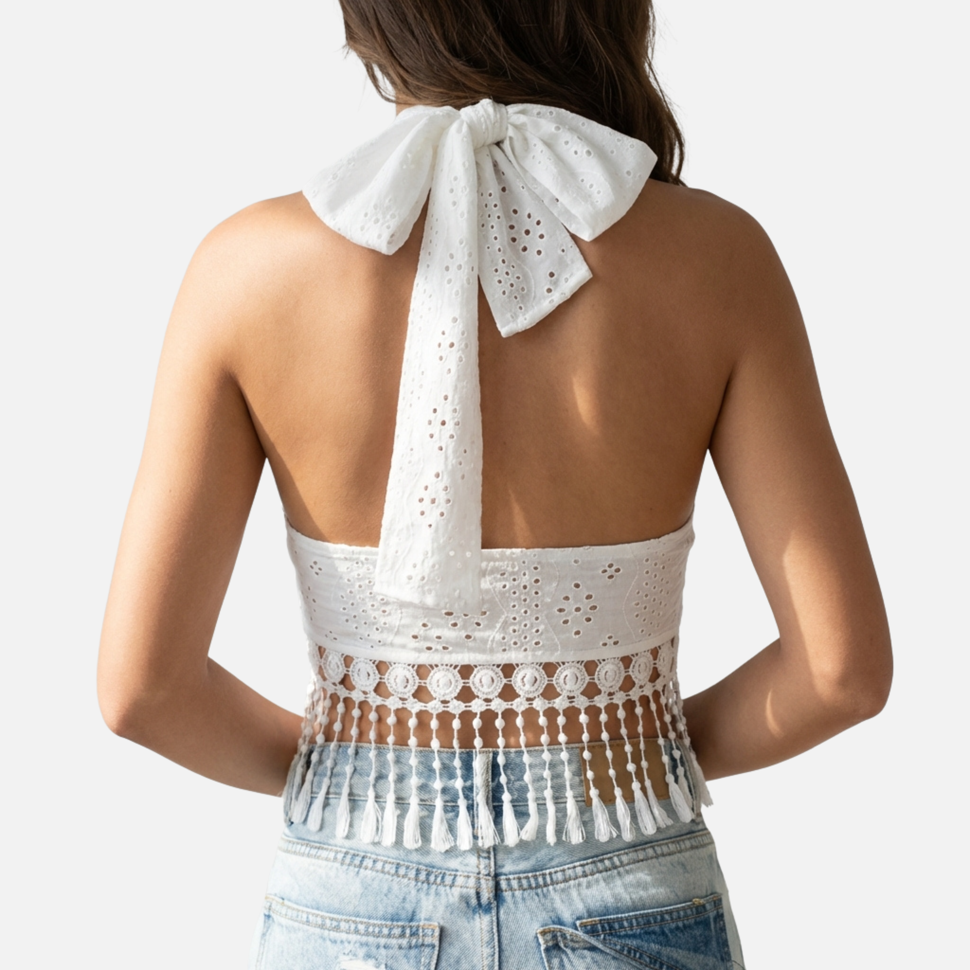 Lace Halter Top with Tassel Trim for Women