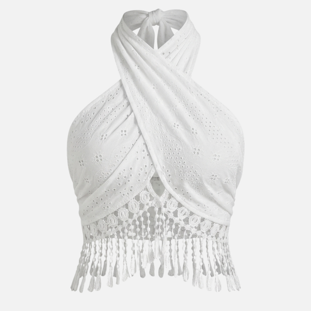 Lace Halter Top with Tassel Trim for Women