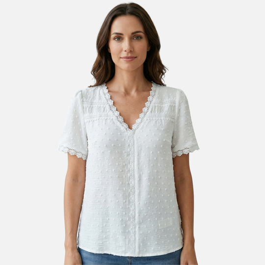 Lace-Trimmed Blouse with Raised Dots for Women