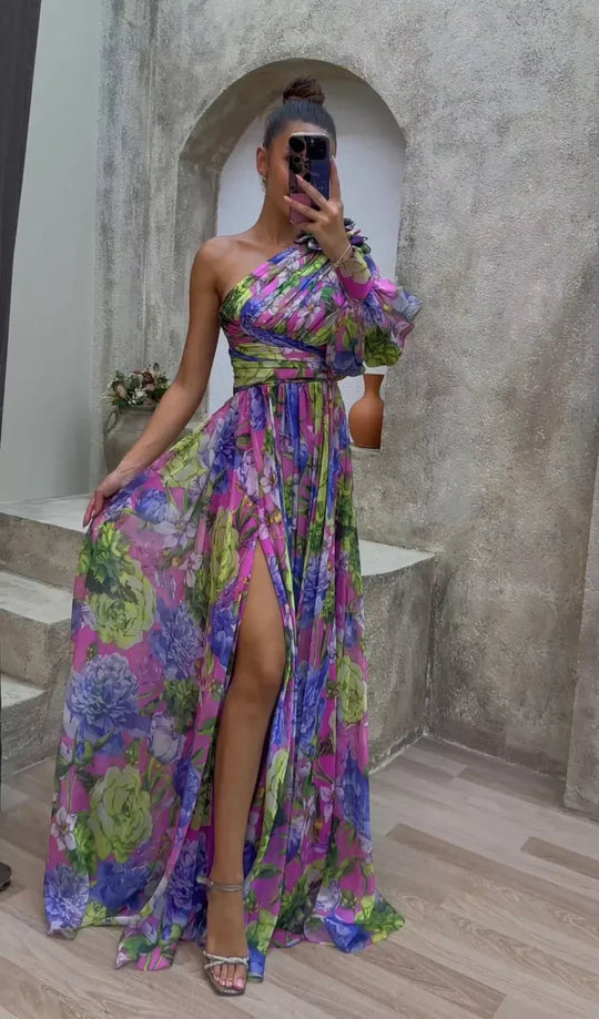 Luna’s Floral Symphony One-Shoulder Maxi Dress