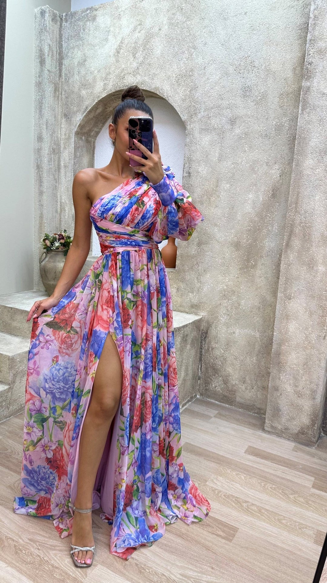 Luna’s Floral Symphony One-Shoulder Maxi Dress