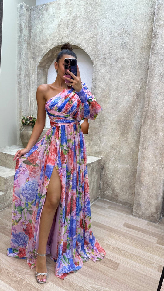 Luna’s Floral Symphony One-Shoulder Maxi Dress