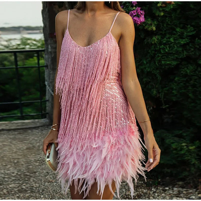 Luna's Glimmer Feather Mini Dress