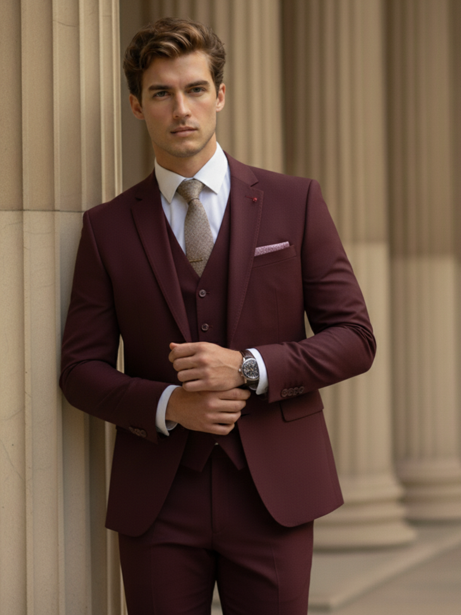 Men’s Modern-Cut Three-Piece Suit with Jacket, Vest and Trousers