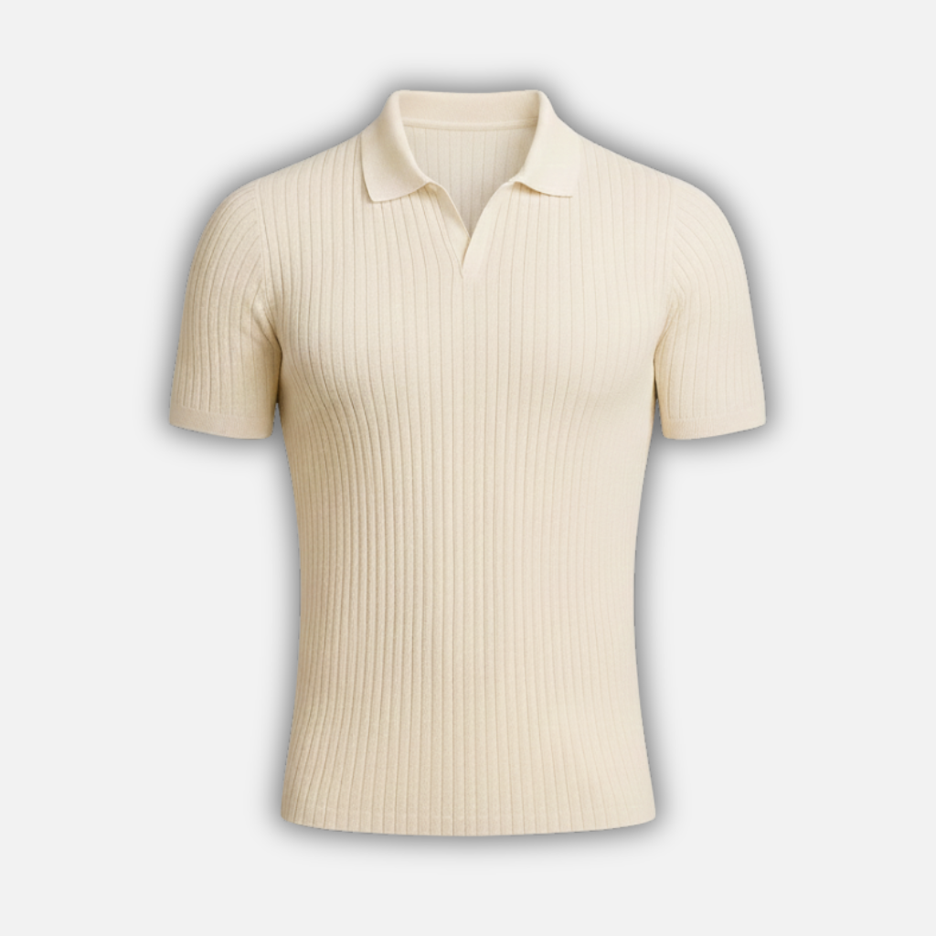 Men’s Ribbed Knit Polo Shirt with V-Neck Collar