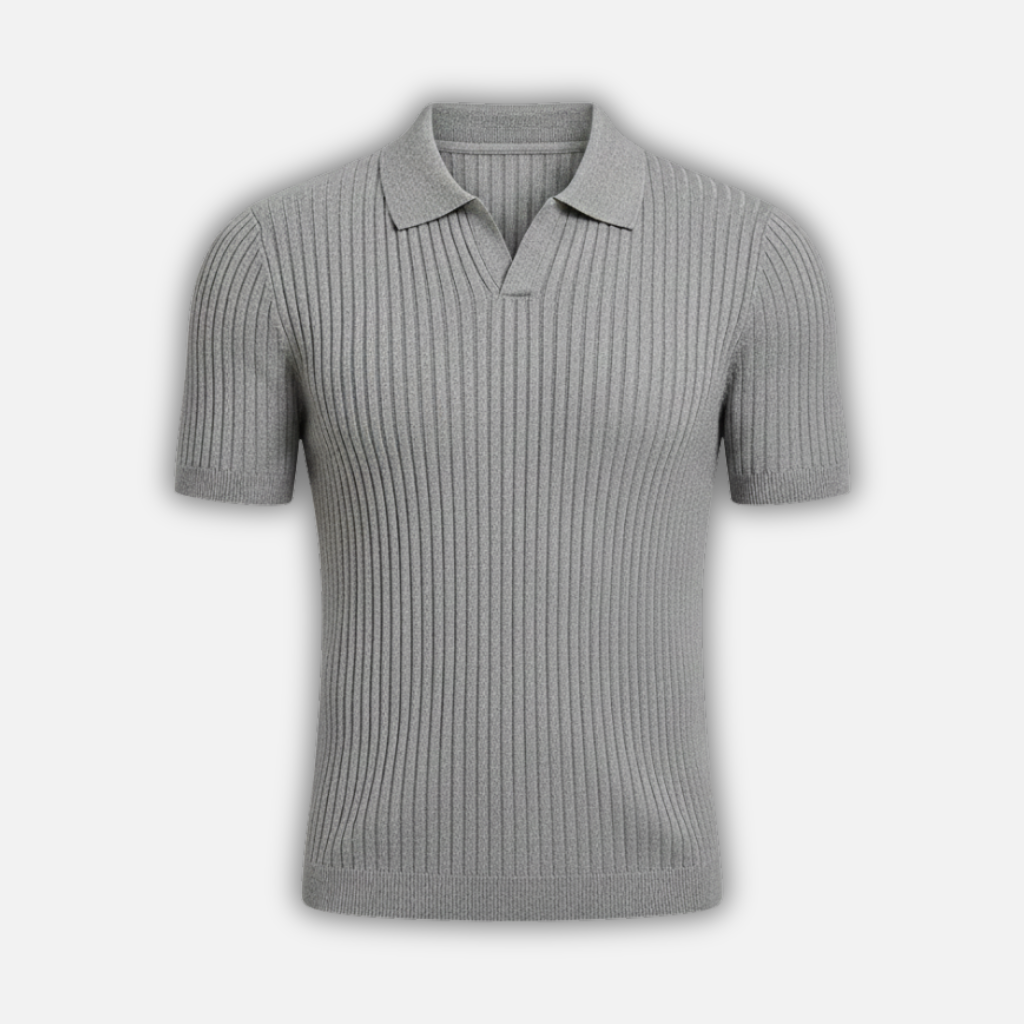 Men’s Ribbed Knit Polo Shirt with V-Neck Collar