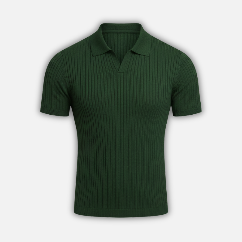 Men’s Ribbed Knit Polo Shirt with V-Neck Collar