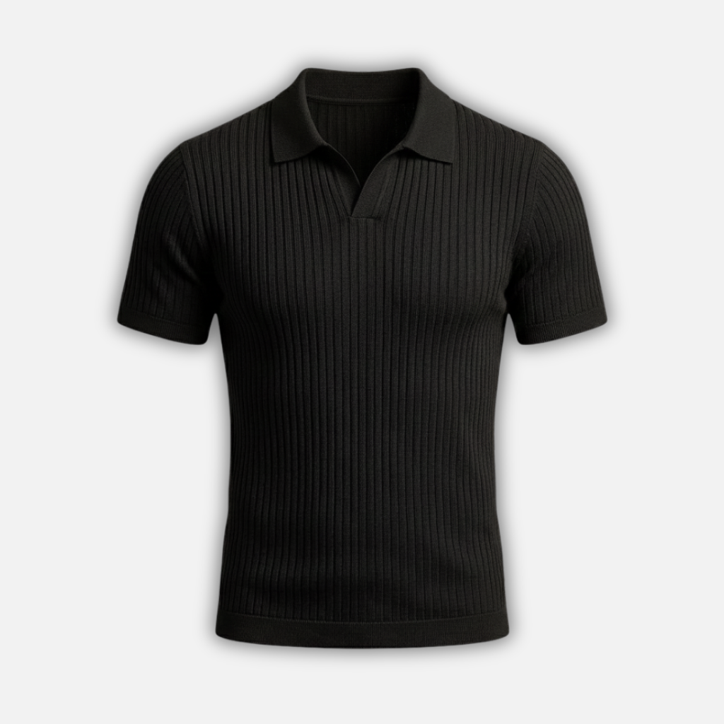 Men’s Ribbed Knit Polo Shirt with V-Neck Collar
