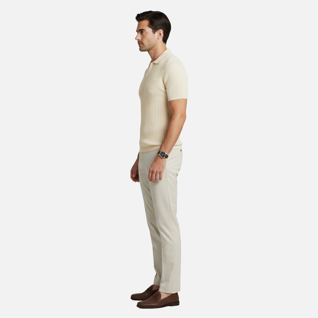 Men’s Ribbed Knit Polo Shirt with V-Neck Collar