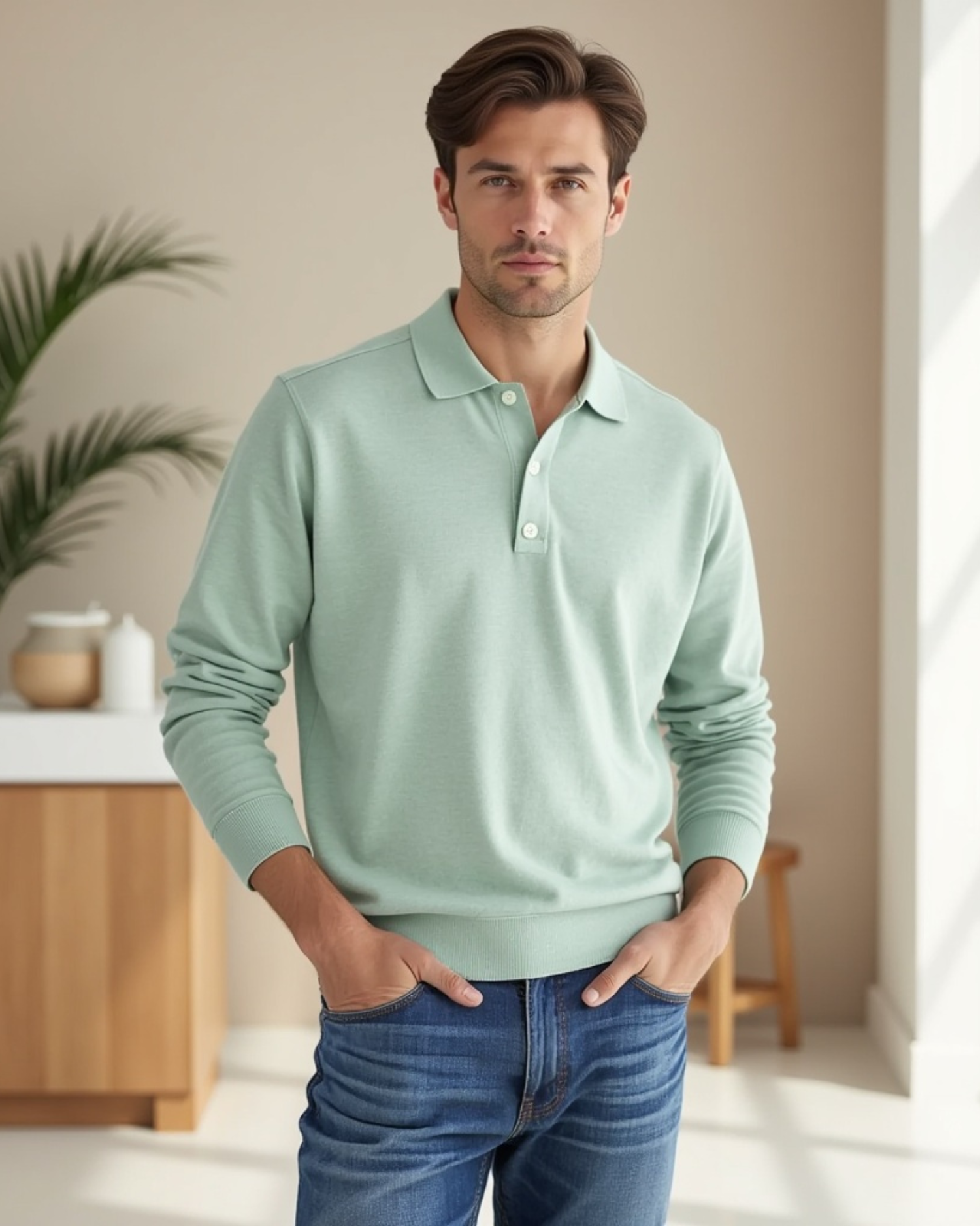 Men’s Long-Sleeve Polo Shirt with Button-Front Collar