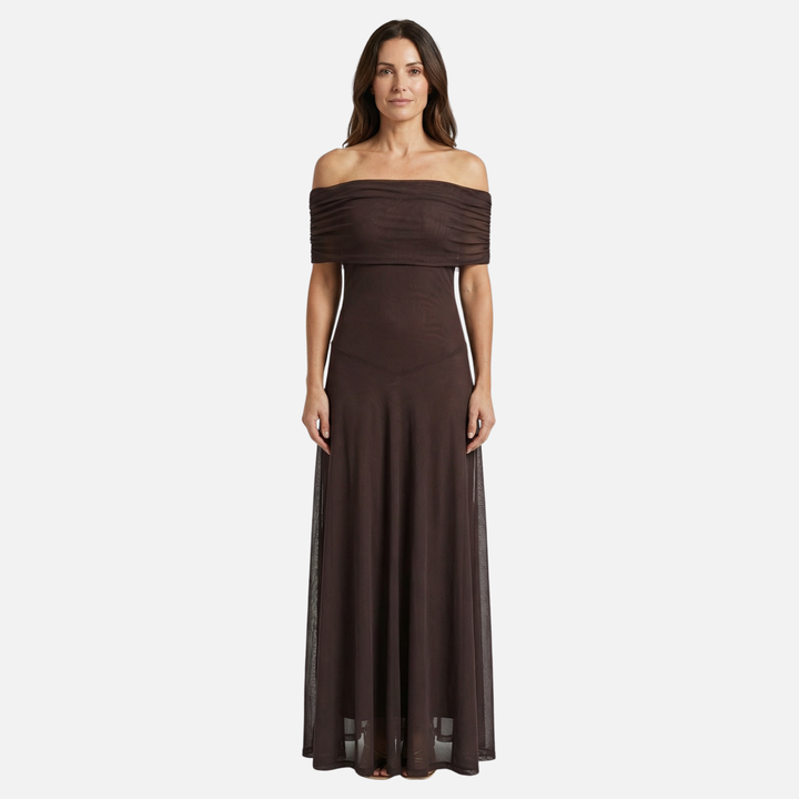 Off-Shoulder Maxi Dress with Chiffon Overlay for Women