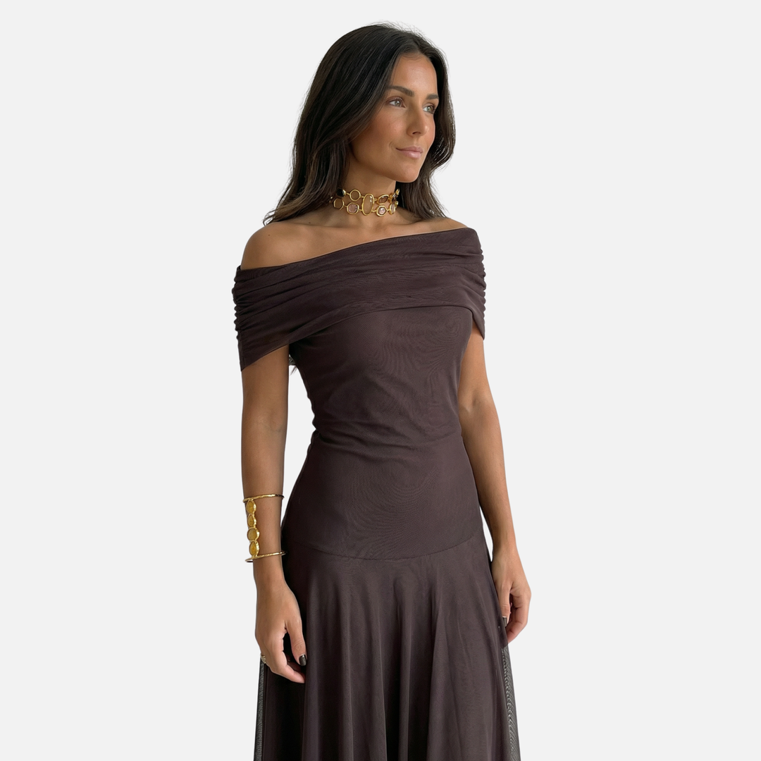 Off-Shoulder Maxi Dress with Chiffon Overlay for Women
