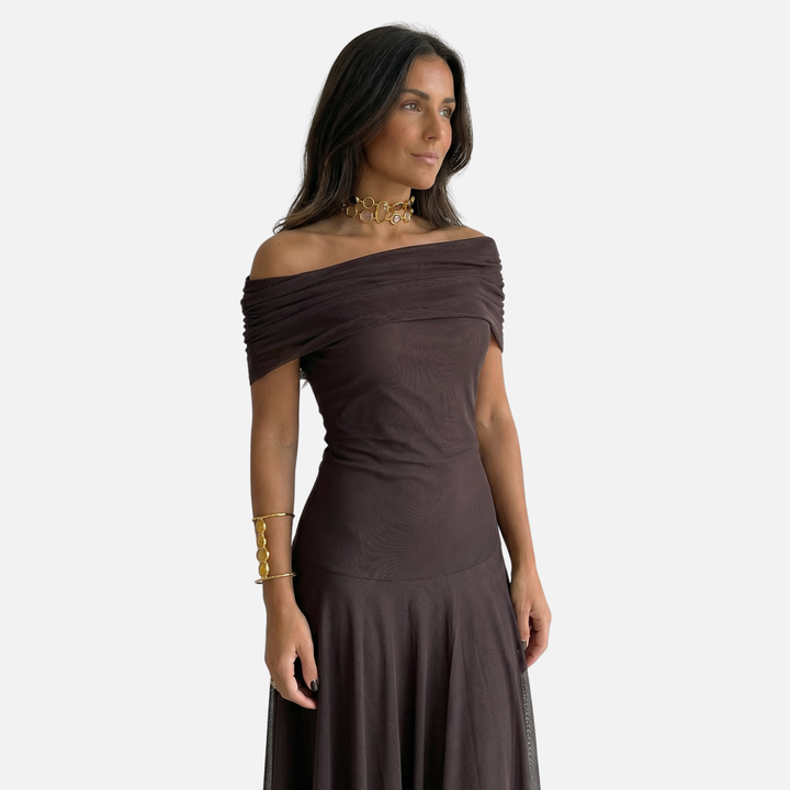 Off-Shoulder Maxi Dress with Chiffon Overlay for Women