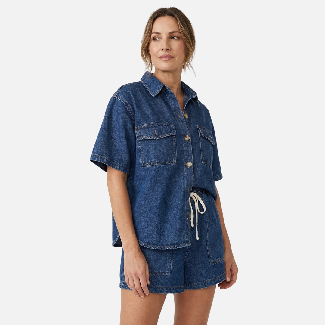 Summer Denim Two Piece Set with Elastic Waist for Women