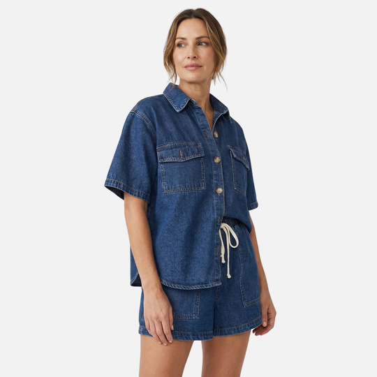 Summer Denim Two Piece Set with Elastic Waist for Women