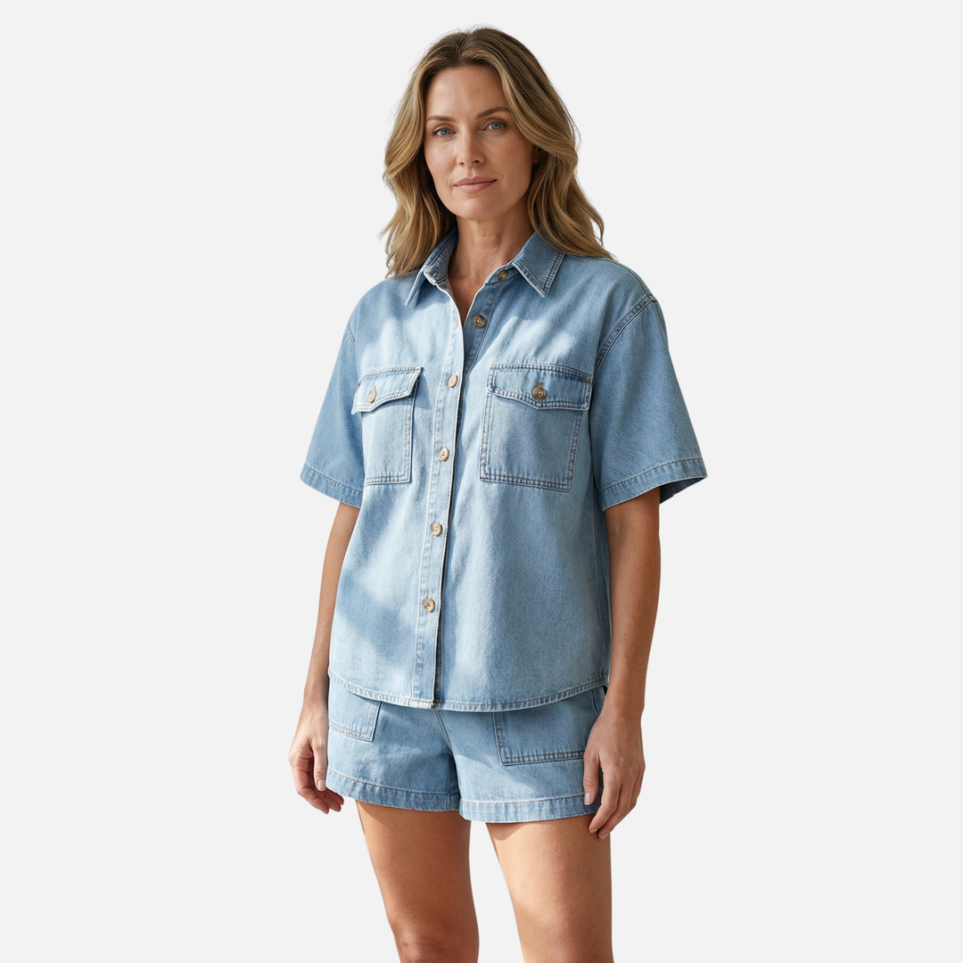 Summer Denim Two Piece Set with Elastic Waist for Women