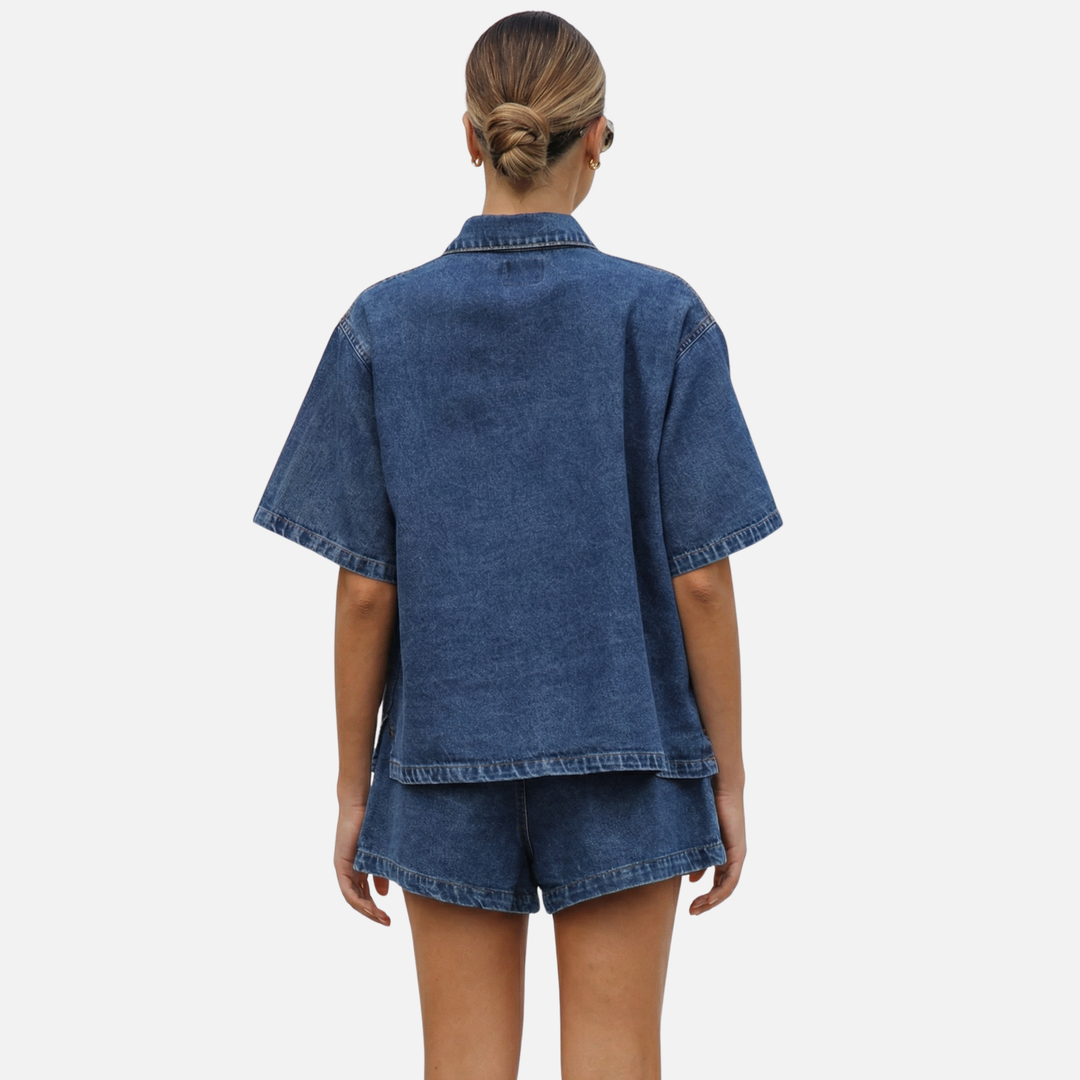 Summer Denim Two Piece Set with Elastic Waist for Women