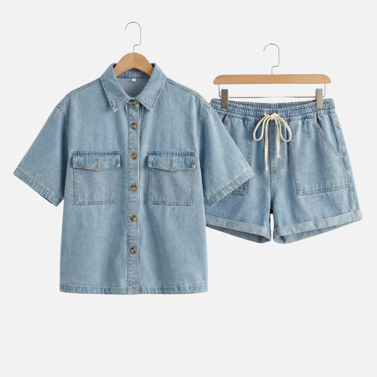 Summer Denim Two Piece Set with Elastic Waist for Women