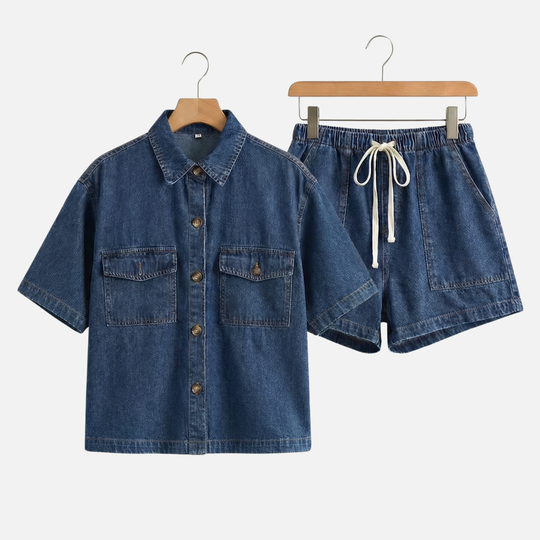 Summer Denim Two Piece Set with Elastic Waist for Women