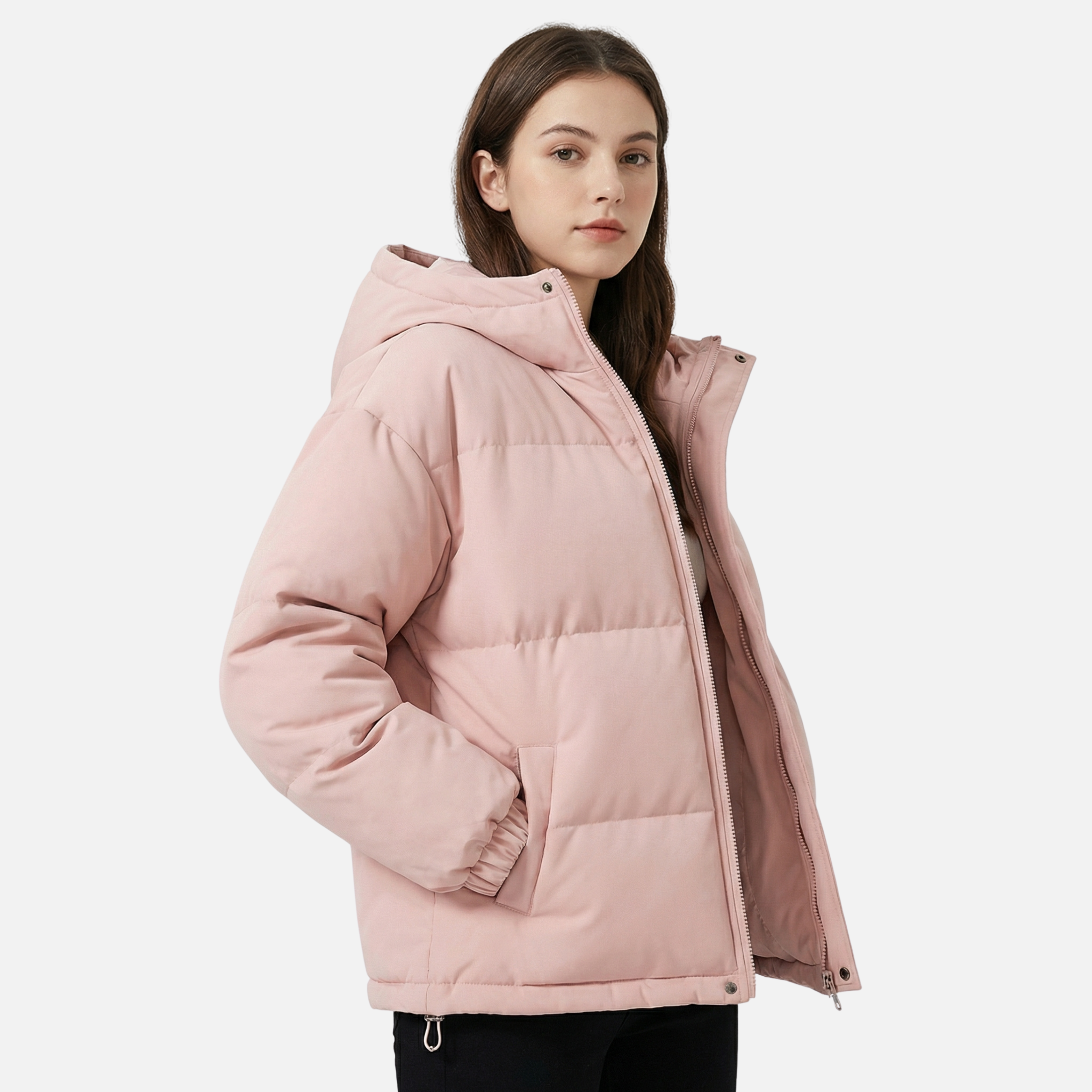 Padded Insulated Jacket with Hood and Zip Closure for Women