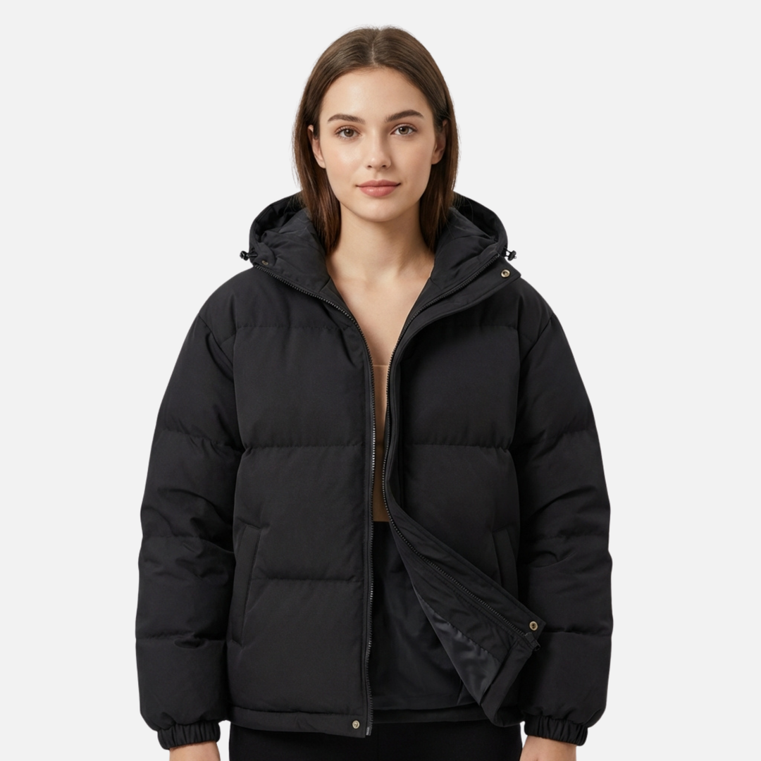 Padded Insulated Jacket with Hood and Zip Closure for Women