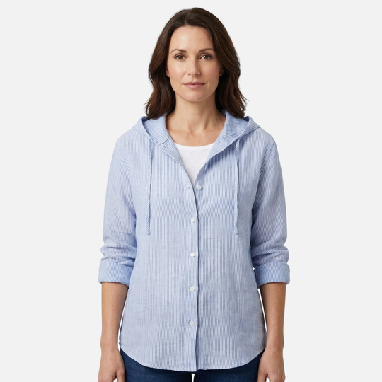 Striped Lightweight Linen Summer Shirt with Hood for Women