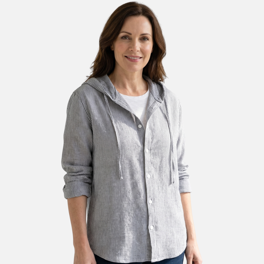 Striped Lightweight Linen Summer Shirt with Hood for Women