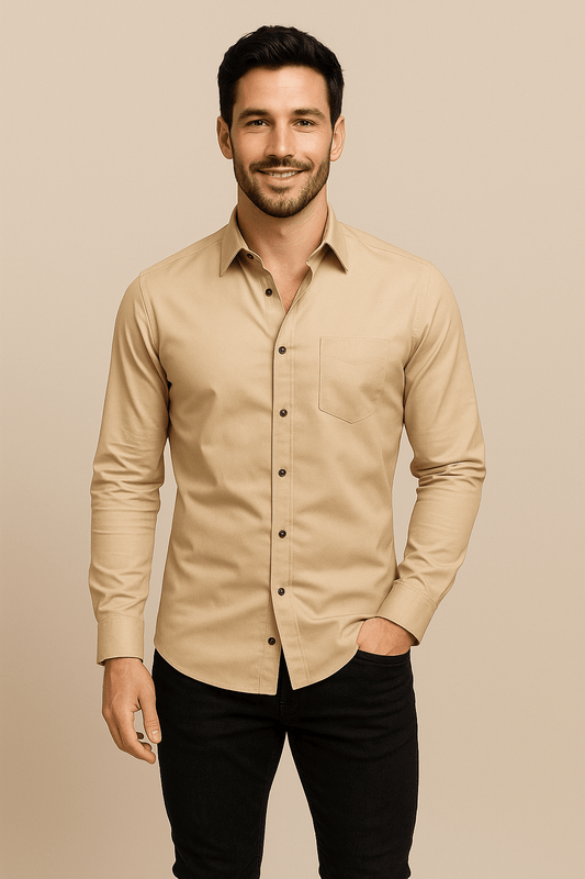 Pointed Collar Long Sleeve Dress Shirt for Men | Single Chest Pocket