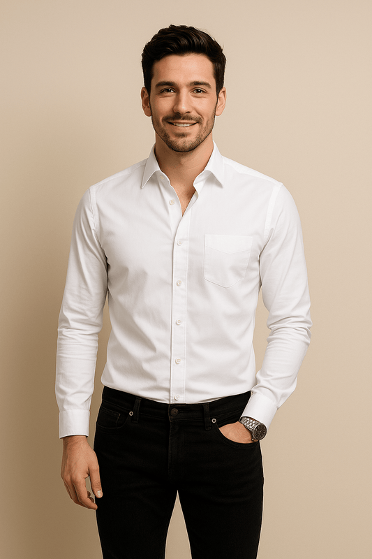 Pointed Collar Long Sleeve Dress Shirt for Men | Single Chest Pocket