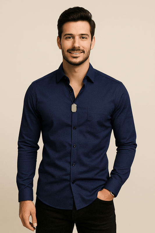 Pointed Collar Long Sleeve Dress Shirt for Men | Single Chest Pocket