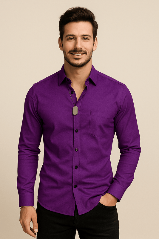 Pointed Collar Long Sleeve Dress Shirt for Men | Single Chest Pocket