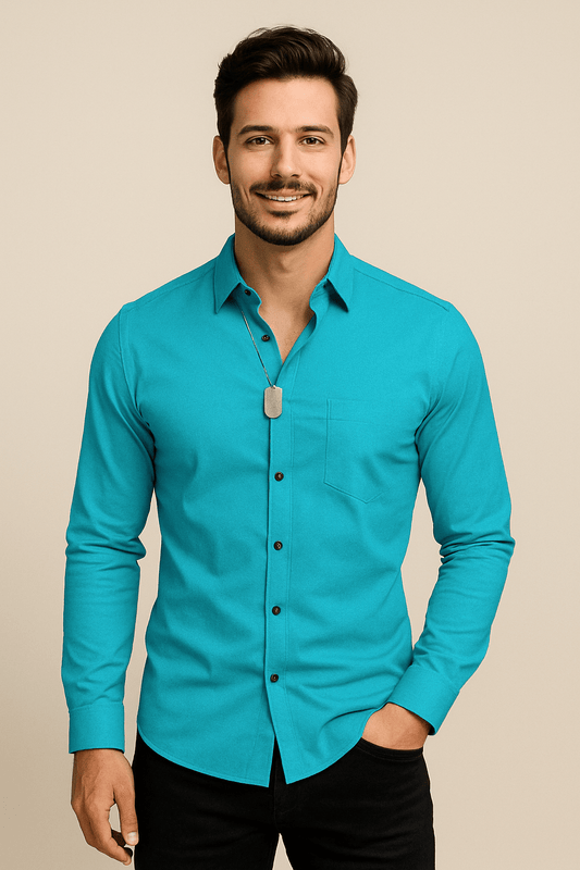 Pointed Collar Long Sleeve Dress Shirt for Men | Single Chest Pocket
