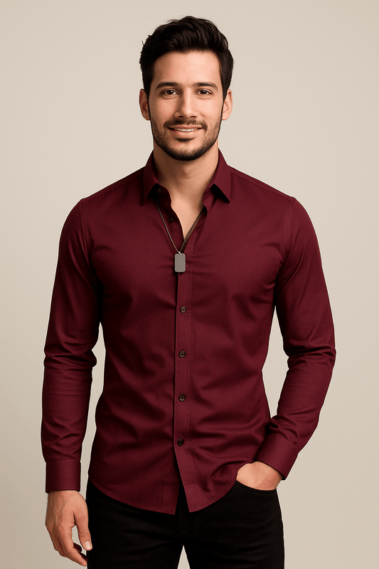 Pointed Collar Long Sleeve Dress Shirt for Men | Single Chest Pocket