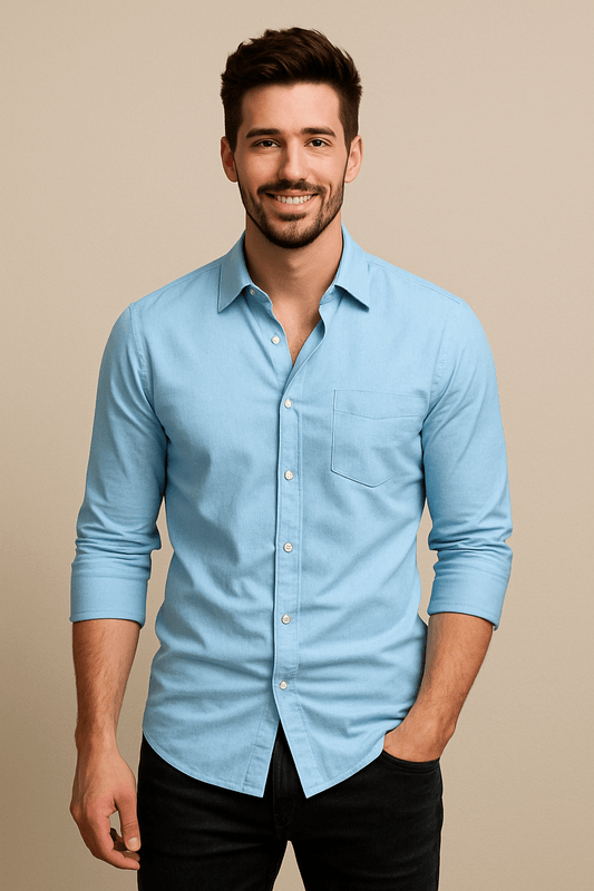 Pointed Collar Long Sleeve Dress Shirt for Men | Single Chest Pocket