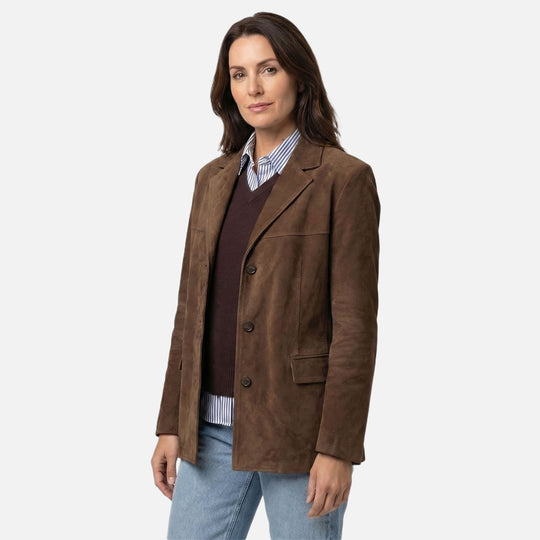 Brown Wool Coat Relaxed Fit with Wide Lapel for Women