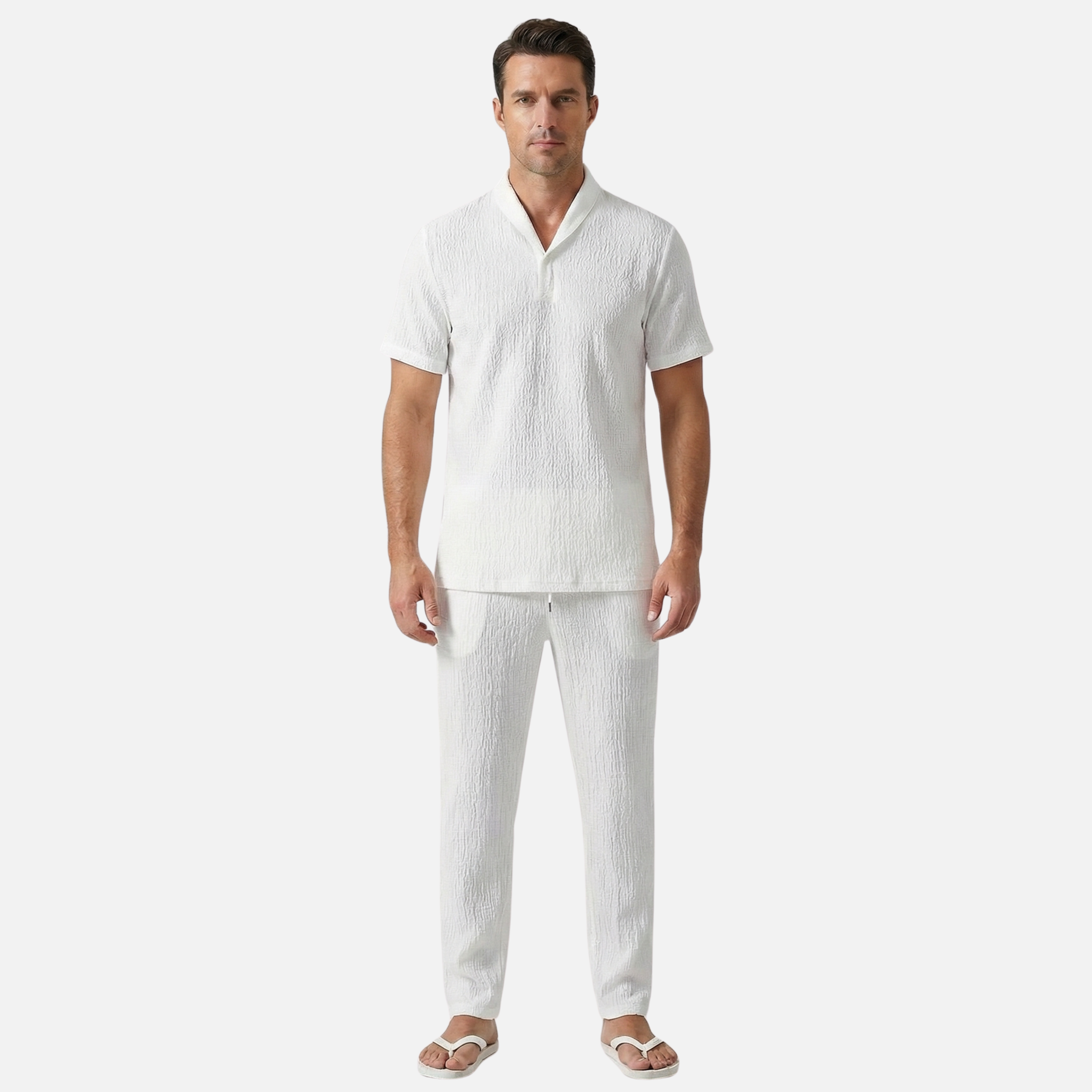 Relaxed Fit Linen Set with Drawstring Waistband for Men