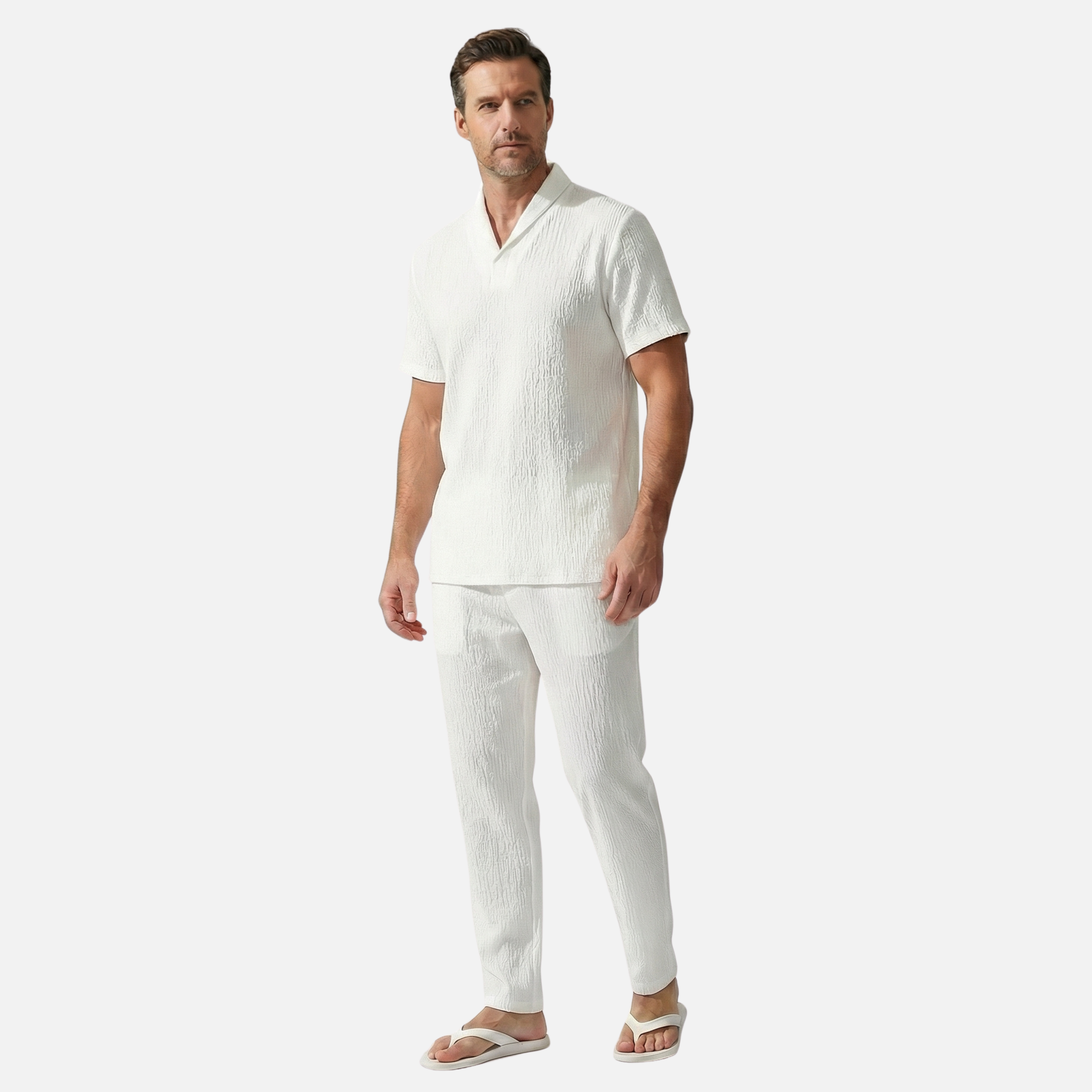 Relaxed Fit Linen Set with Drawstring Waistband for Men