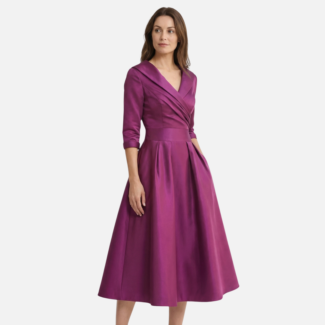 Satin Fit and Flare Midi Dress with Side Pockets for Women
