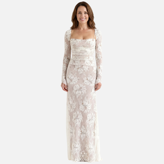 Sheer Floral Lace Dress with Corset-Style Bodice for Women
