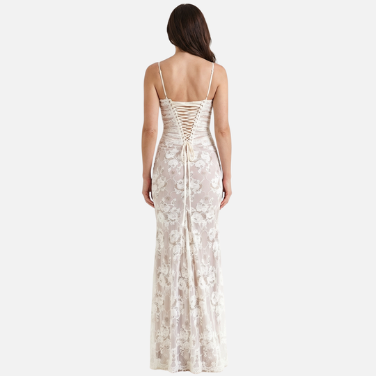 Sheer Floral Lace Dress with Corset-Style Bodice for Women