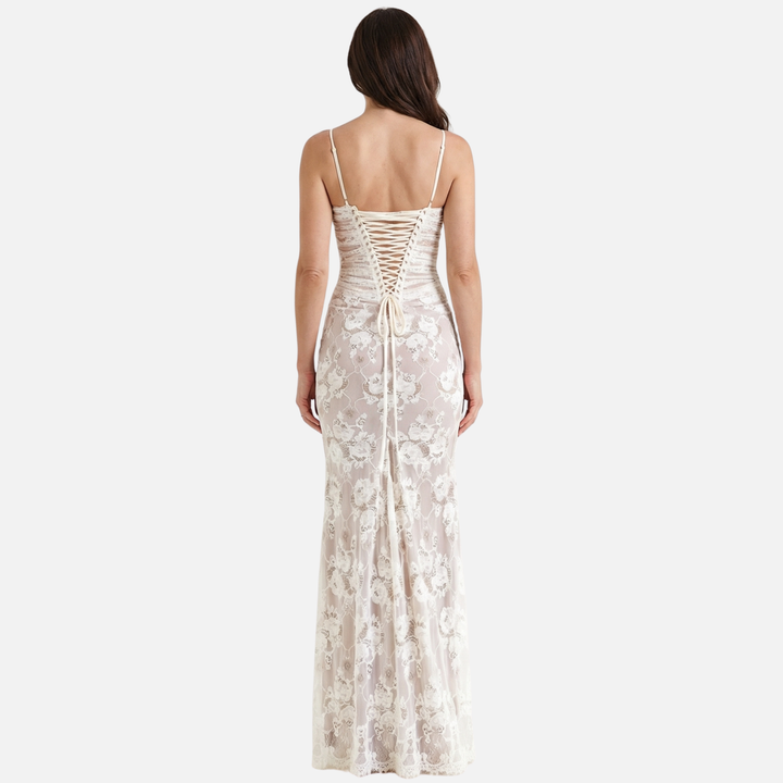 Sheer Floral Lace Dress with Corset-Style Bodice for Women