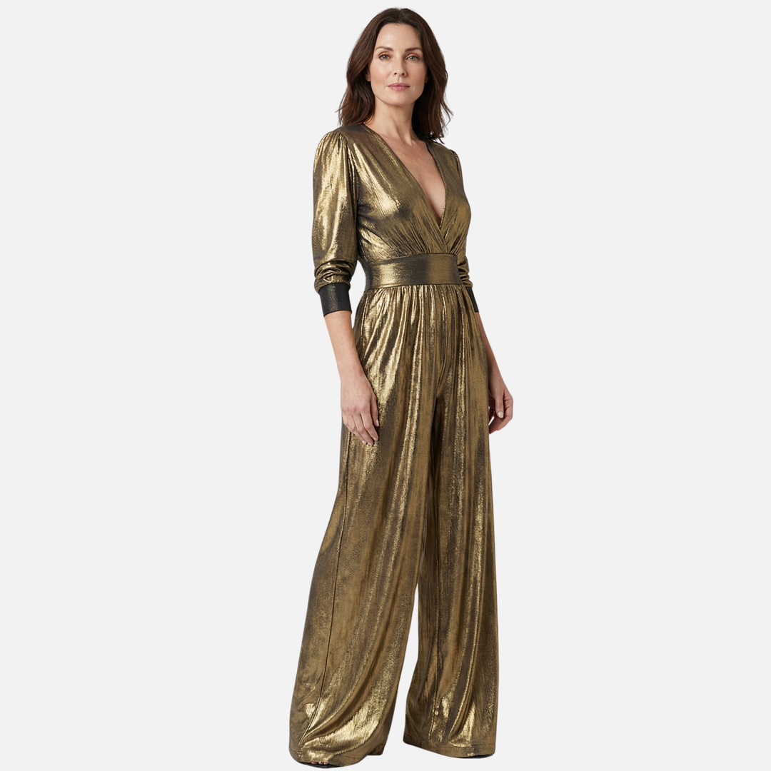 Shiny Finish Jumpsuit with Wide Legs for Women