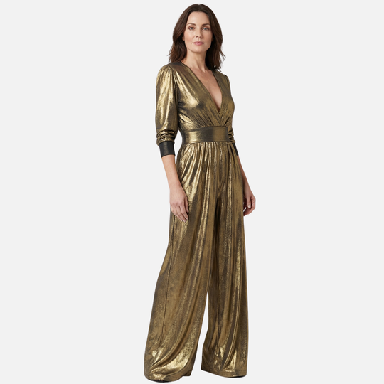 Shiny Finish Jumpsuit with Wide Legs for Women